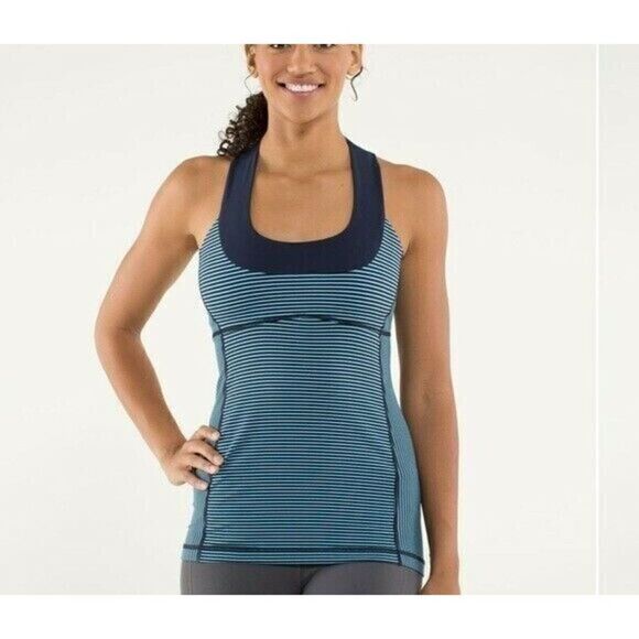 Lululemon Women's Sz 4 Navy/Teal Striped Scoop Neck Racerback Tank Top - Picture 1 of 9